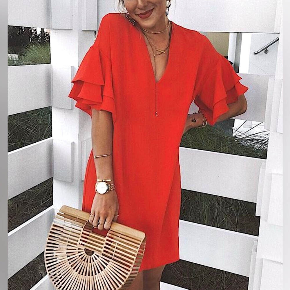 ❤️ Zara Red Mini V Neck Shift Dress Medium Short Ruffle Sleeves